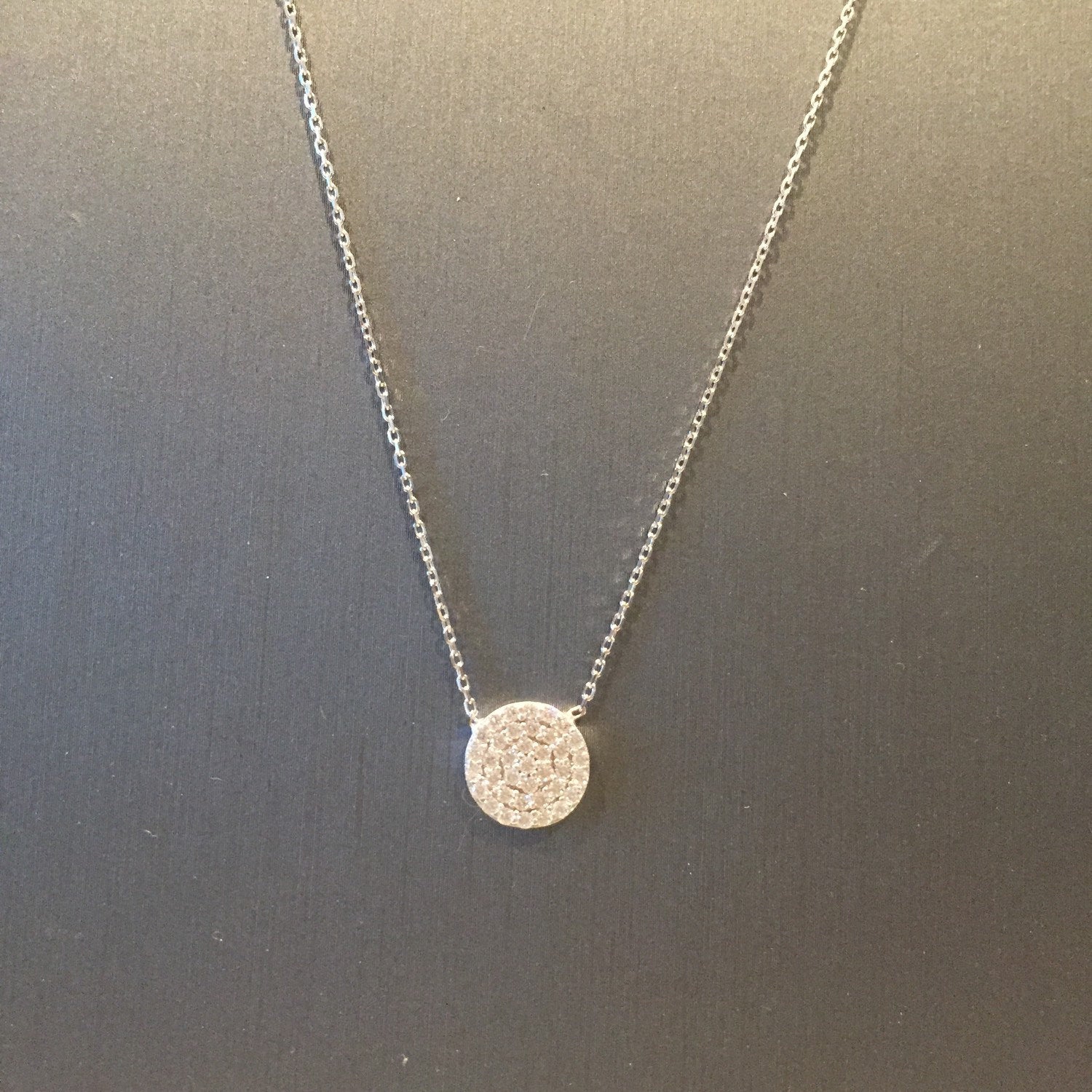 Small Pave Disc Necklace-Silver