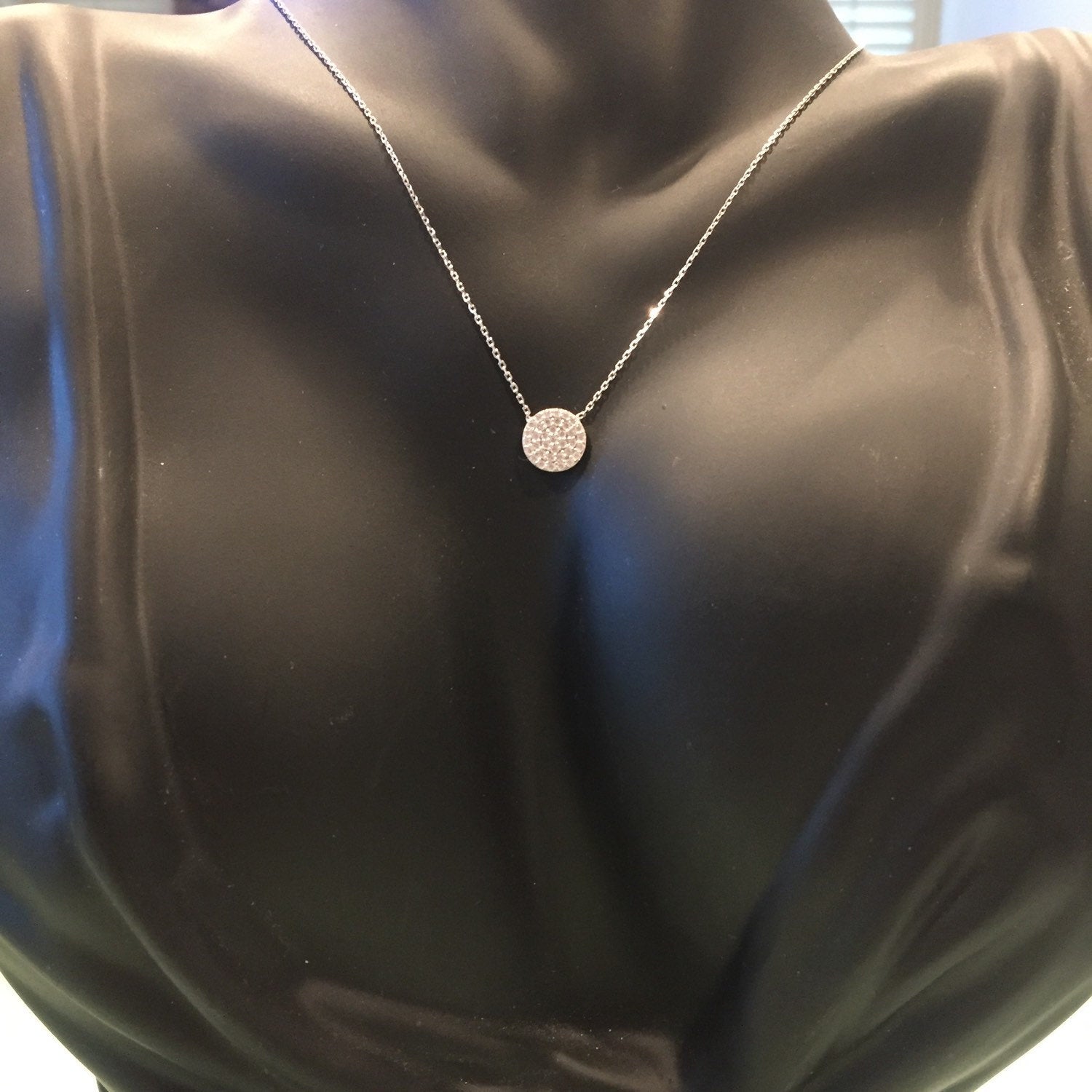 Small Pave Disc Necklace-Silver