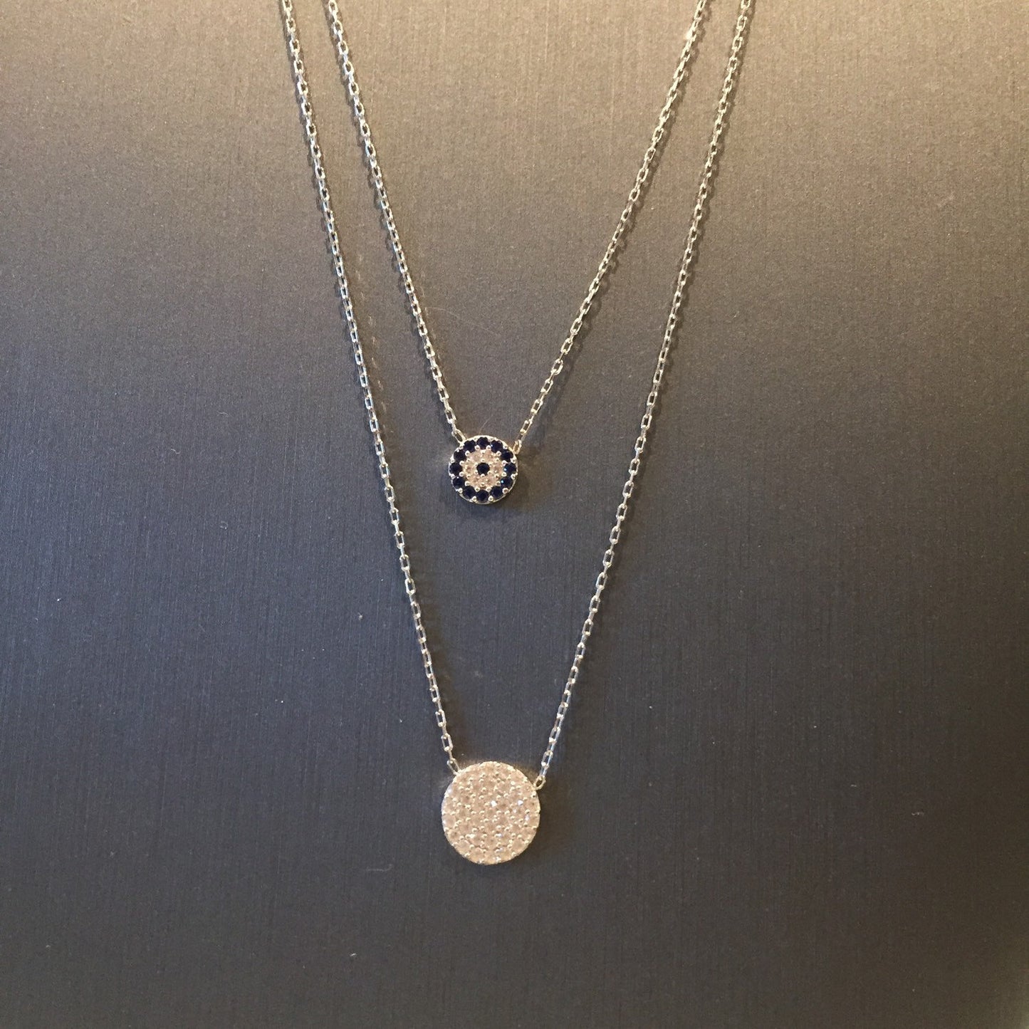 Layered Evil Eye Disc Necklace-Silver