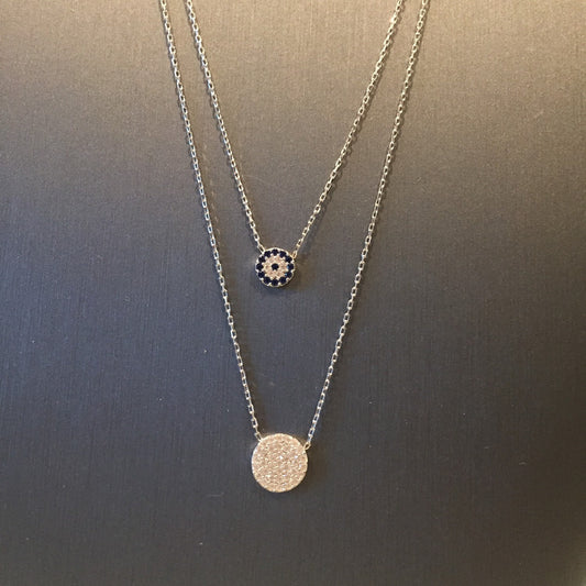 Layered Evil Eye Disc Necklace-Silver