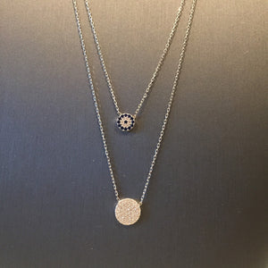 Layered Evil Eye Disc Necklace-Silver