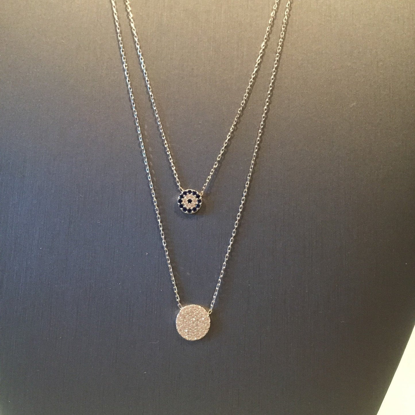 Layered Evil Eye Disc Necklace-Silver